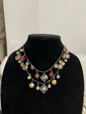Vintage Premier Designs Bronze Amber Rose Lucite Charm Bib Necklace